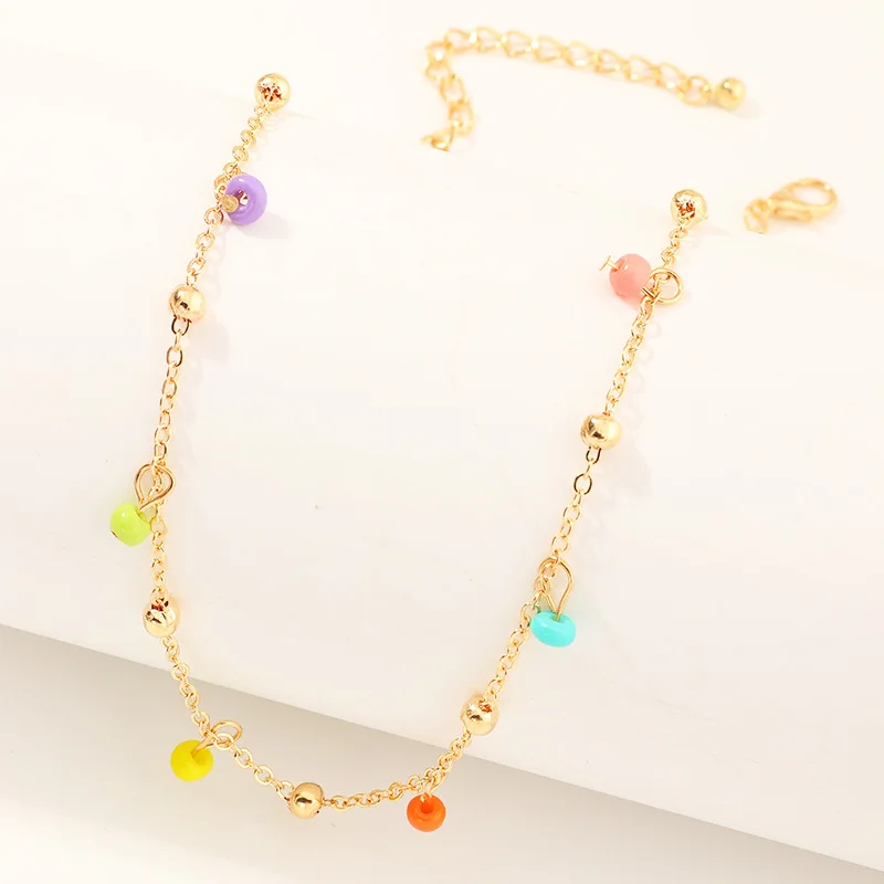 

Fashion Women Necklaces Simple Boho Colorful Round Beads Gold Chain Rice Bead Pendant Charms Alloy Necklace Jewelry For Girls