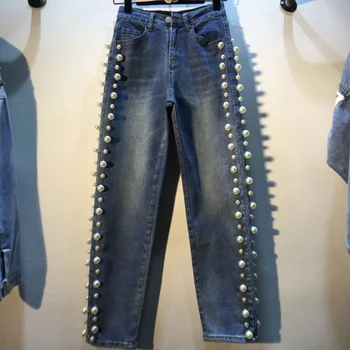 

2020 spring autumn fashion heavy hand stitched pearl jeans women high waist loose straight jeans