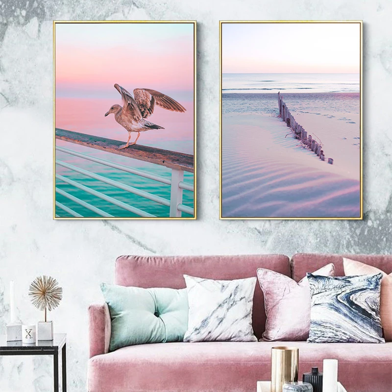 Pink-purple-beach-Ocean-Canvas-Poster-Print-Sunrise-Coconut-Landscape-Art-Painting-Seascape-Picture-Wall-Decoration