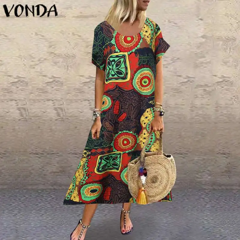 VONDA, хлопковое льняное платье, женское, винтажное, с принтом, макси, длинное платье,, летний сарафан, повседневный халат размера плюс, Vestido S-5XL