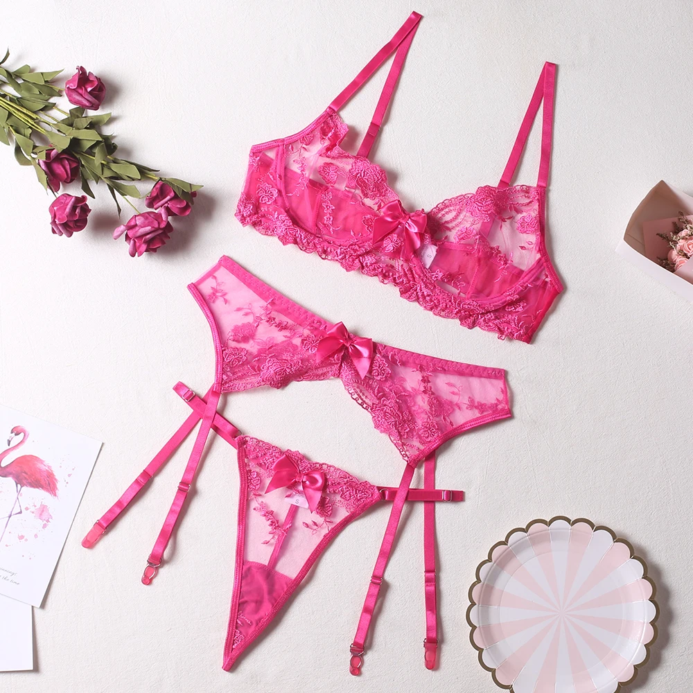 lace underwear set Floral Embroidery Bras Set Sexy Lingerie Women Thin Push up Bra Bra+Garters+Thong 3 Piece Set See Through Pink Underwear sexy bra panty