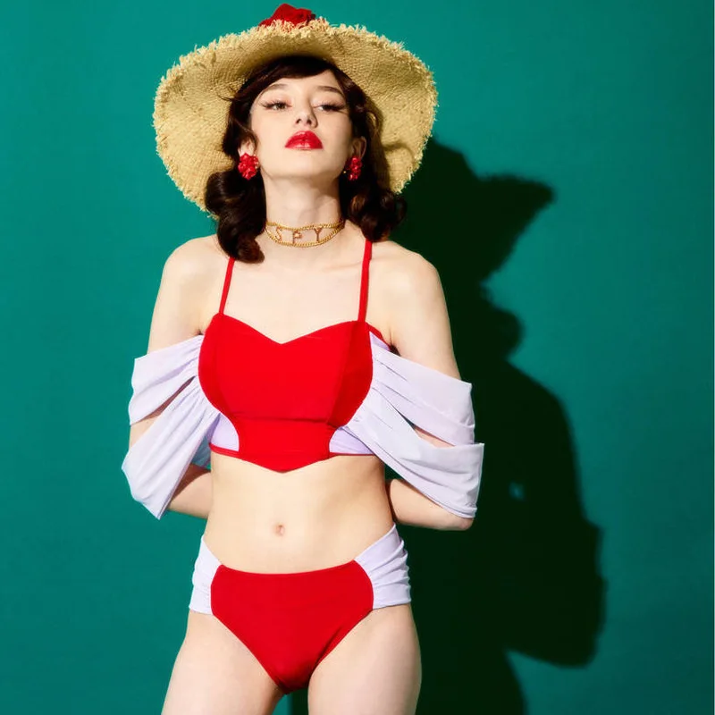 

Fashion Joint off-Shoulder Triangle Two-piece Swimsuits Women's Seaside Beach Spa Resort Swimming Suit 2019 New Style