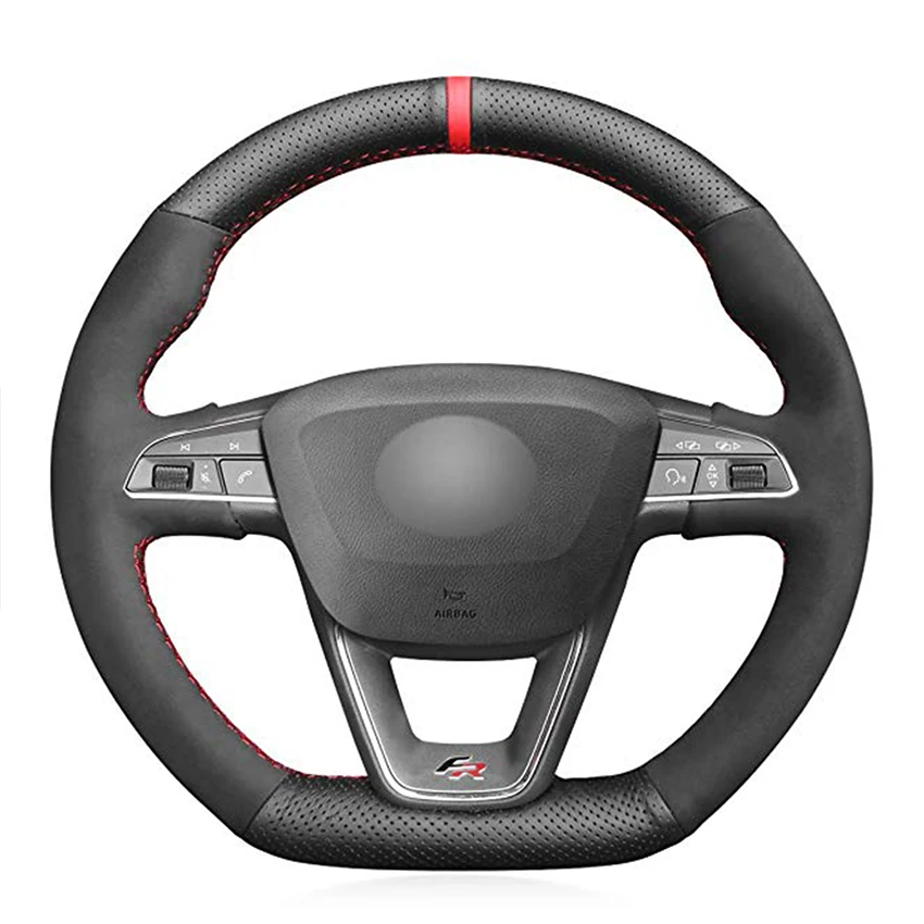 Черный чехол на руль из натуральной кожи и замши для Seat Leon Cupra R 2013- Leon ST Cupra 2013- Ateca Cupra