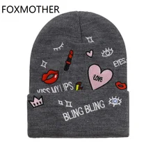 FOXMOTHER Корея Зима Белый Розовый Bling губная помада вышивка Beanie женская шапка женская вязаная Лыжная Шапка Gorros
