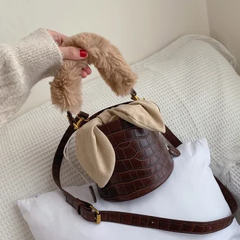 

Pattern Leather Bucket bags Crossbody Bags for Women 2020 CUTE Small Shoulder Bag Female Handbags and Purses with Fur Handle