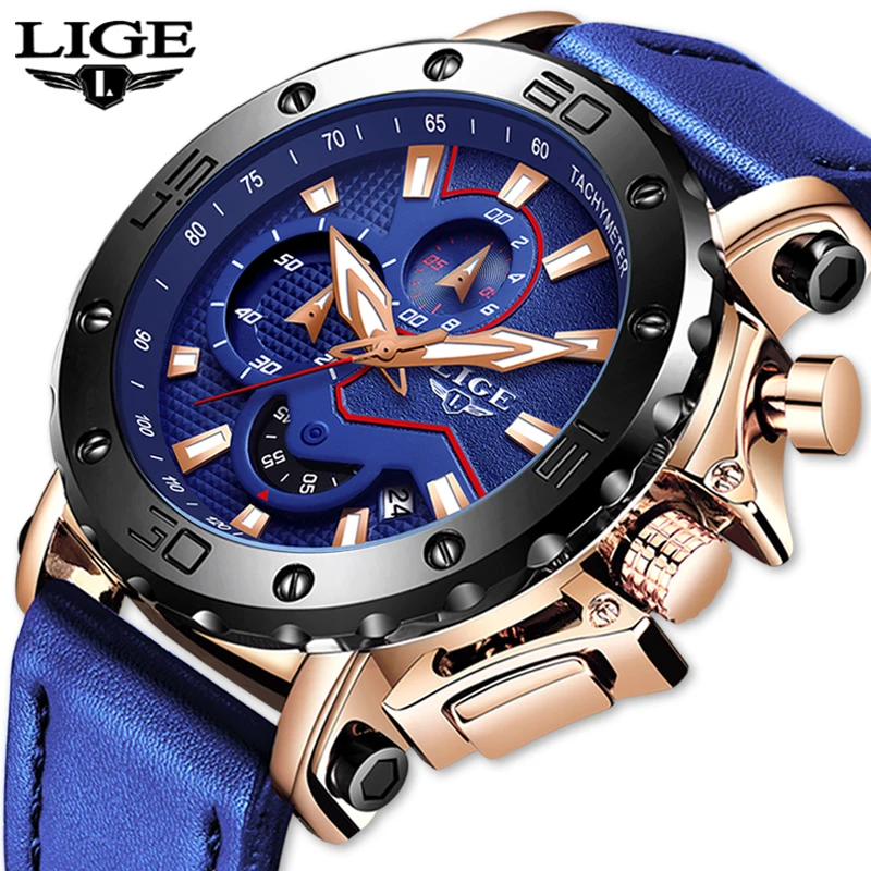 Mens Watches Lige Top Brand Luxury Big Dial Military Quartz Watch Blue Leather Waterproof Spor-2