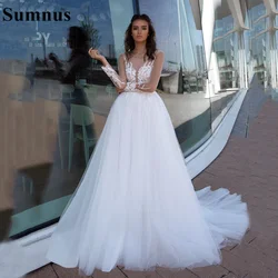 Sumnus Princess Wedding Dress 2022 Lace Appliques Scoop A Line Boho Wedding Gowns Long Sleeves Plus Size Bridal Dress