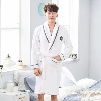 

Winter Warm Nightgown Men Casual Sleepwear Lougne Robe Gown Thicken Flannel Nightwear Coral Fleece Negligee Loose Soft Home Wear