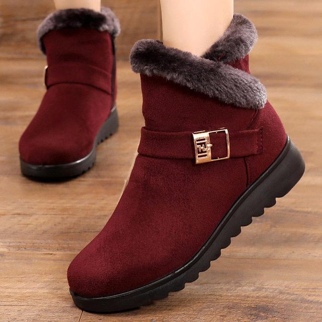 snow boots women flat with warm Fur suede wedge ankle boot women casual shoes zipper footwear plus size black red shoes