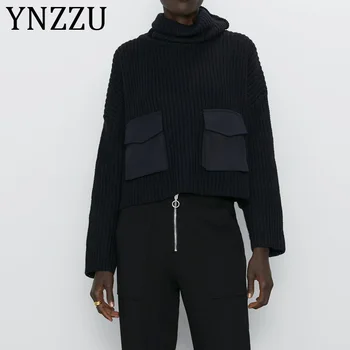 

YNZZU Turtleneck Knitted Sweater Women 2019 Winter Knitwear Chic Navy Pocket Patchwork Loose Female Jumper Pull Streetwear AT410