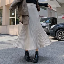 Вязаный свитер плиссированная юбка Женская Корейская элегантная офисная Бохо сплит-юбка в рубчик Высокая талия 4 цвета минималистичный консервативный стиль