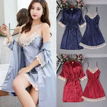 Женский пижамный комплект для взрослых, сексуальный, имитация ледяного шелка, мягкий, спальный, модный, женский, кимоно, халат, однотонный, подарок, летний, v-образный вырез, кружевная сорочка