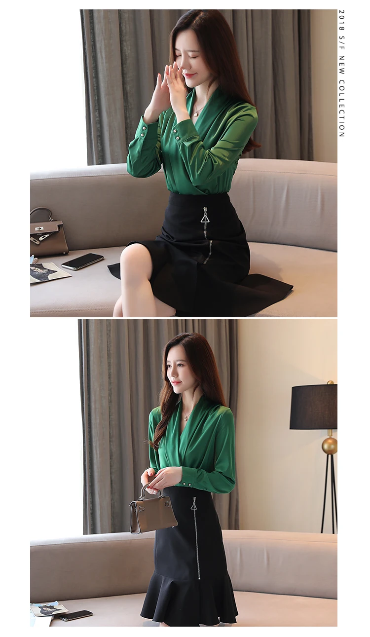 9 colors v-neck slim satin blouse shirt autumn new korean long sleeve wrap blouses OL office ladies white shirt tops