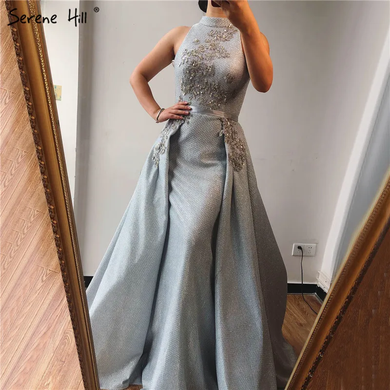 

Silver Dubai Sleeveless Sexy Evening Dresses 2019 Beading Sequined Mermaid Evening Gowns Design Real Photo LA70215