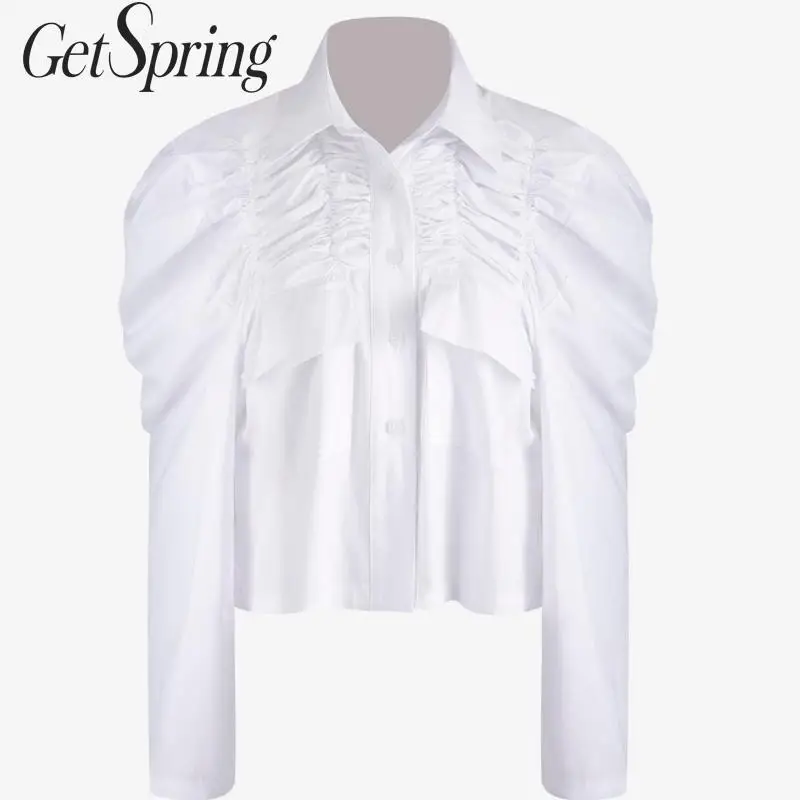 Getвесна женская рубашка с буфами на рукавах черный белый хлопок женские топы