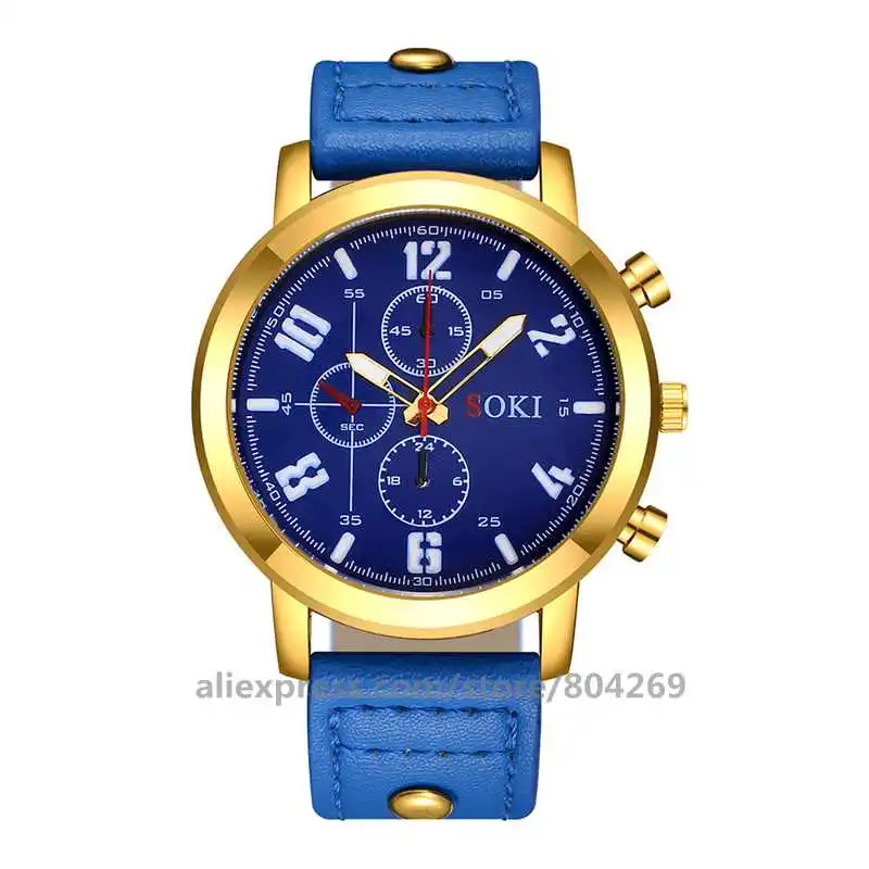 blue gold Роскошные часы с большим циферблатом модные женские часы soki 1037 кожаные кварцевые наручные часы - Цвет: blue gold