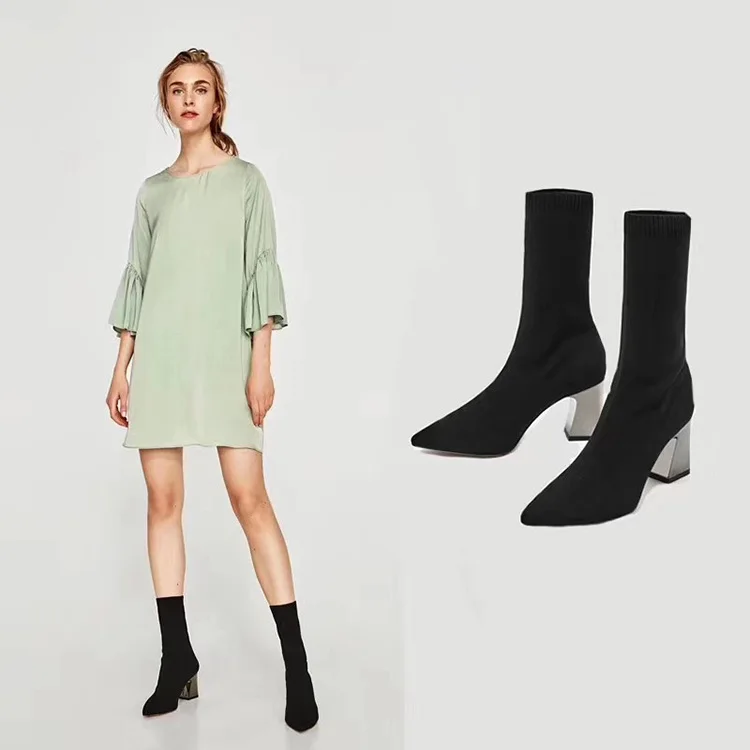 

Short Boots Women's Elasticity Pointed-Toe Low Heel Fashion Socks WOMEN'S Boots Large Size