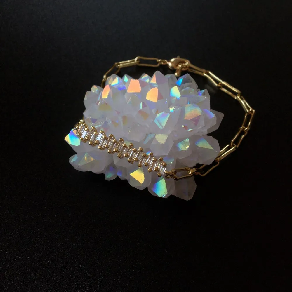 FUWO Shiny Cubic Zircon Bracelet,Golden Plated Long Box Chain Hip Hop Style Brass Jewelry Wholesale BR010 5Pieces/Lot