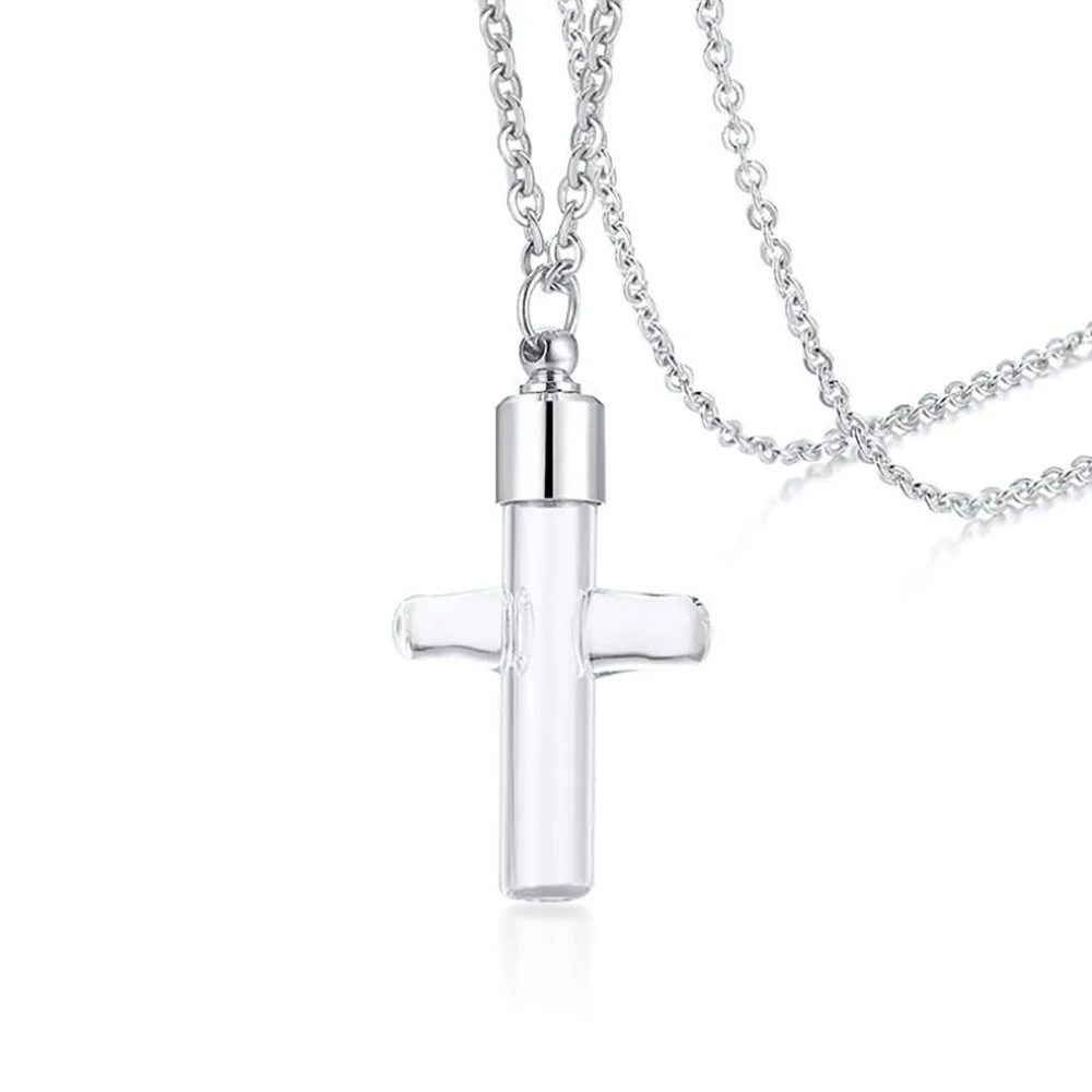Stainless Steel Transparent Glass Cross Men Cremation Urn Pendant