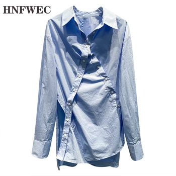 

Women Shirt Irregular Cotton Long Sleeve Blue Woman Blouses Shirts Casual Loose All Match Women Tops Bloues 2020 New P153
