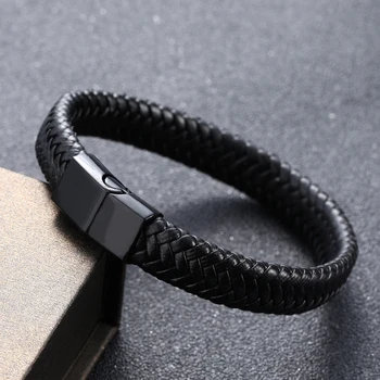 

Punk Black Genuine Leather Bracelet For Men Handmade Multilayer Stainless Steel Magnetic Clasp Bracelet Homme Jewelry