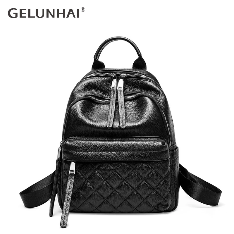 

New Women's Backpack Made Of Genuine Leather Lattice Knapsack Daily Casual Travel Bag High Quality Black Schoolbag For Student