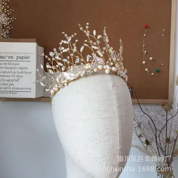 

O872 Pearl Wheat Bride Crown Ear Clip Set Crystal Wedding Crown