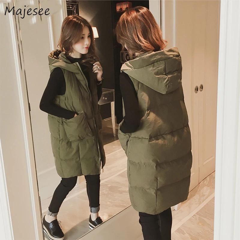 

Vests Women Winter Large Size 4XL Zipper Hooded Casual Solid Elegant All-match Simple Womens Waistcoats Korean Style Females New