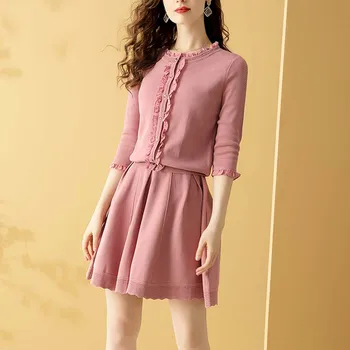 

Gedivoen Fashion Designer Sweet Suit Women Solid Pink 3/4 Sleeve Patchwork Ruffles Blouses And Skirt Two Pieces Set Elegant Sets