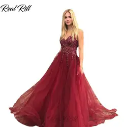 Настоящее Rill 2019 V шеи с высокой стороны Сплит Тюль платье для выпускного расшитое бисером вечернее платье с корсетом отсутствие линии