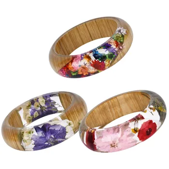 

KCALOE Natural Dried Flower Wood Bangles Bracelet For Woman Baby's breath Brazilian Star Chrysanthemum Resin Cuff Bangles