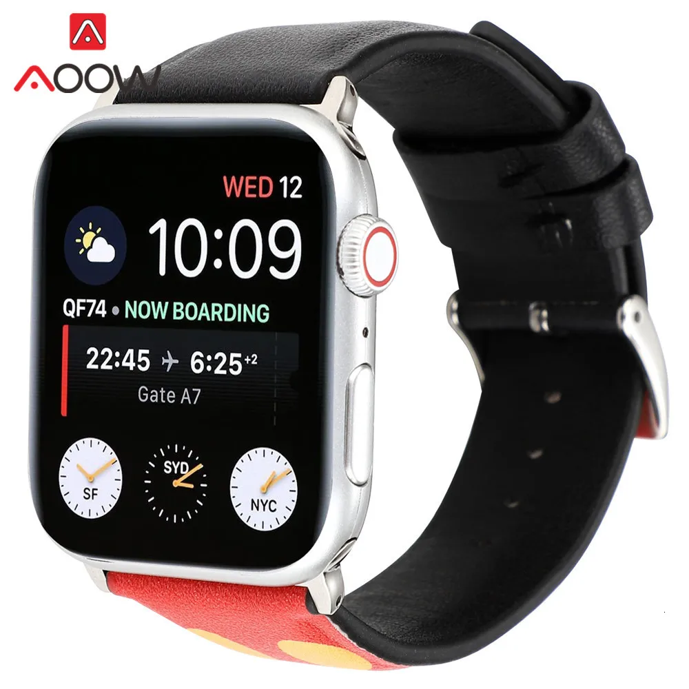 Мультфильм кожаный ремешок для наручных часов Apple Watch 38 мм, 42 мм, 40 мм 44 Микки рисунок «Hello Kitty», сменный ремешок для наручных часов, ремешок