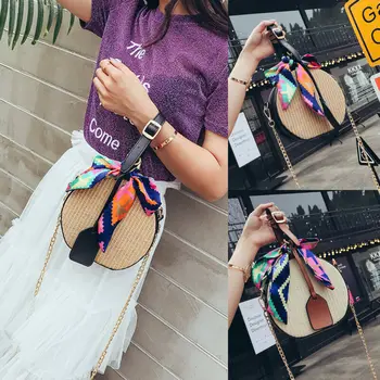 

2019 Newest Fashion Women Round Circular Rattan Wicker Straw Woven Cross Body Beach Bag Basket Gifts