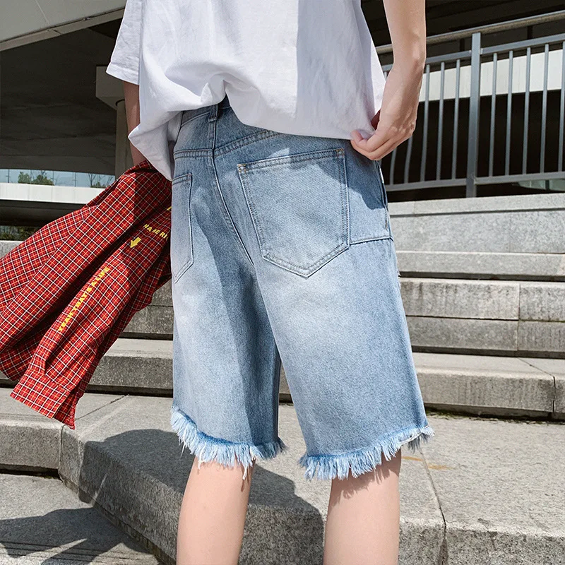 New Fashion Summer Cotton Shorts Leisure Ripped Stretch Ruched Pantalones Cortos Hombre Clothing Breathable Denim Shorts Male