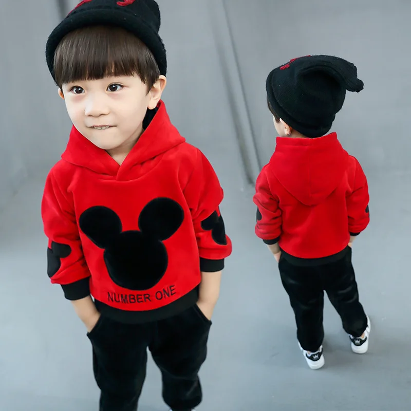 Disney Микки Маус комплект детской одежды для мальчиков и девочек осень зима толстовка с капюшоном Брюки Толстая хлопковая куртка свитер верхняя одежда