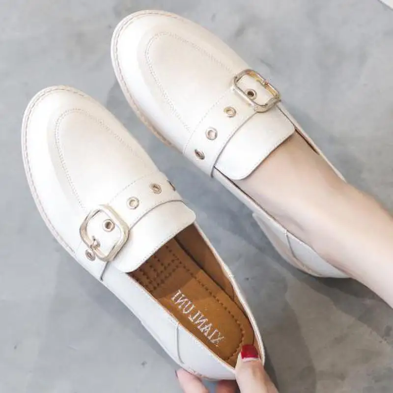 

White Women Dress Leather Shoe Metal Buckle Round Toe Flat Loafers Black Flats Ladies Slip On Comfortable Driving Oxford Shoes