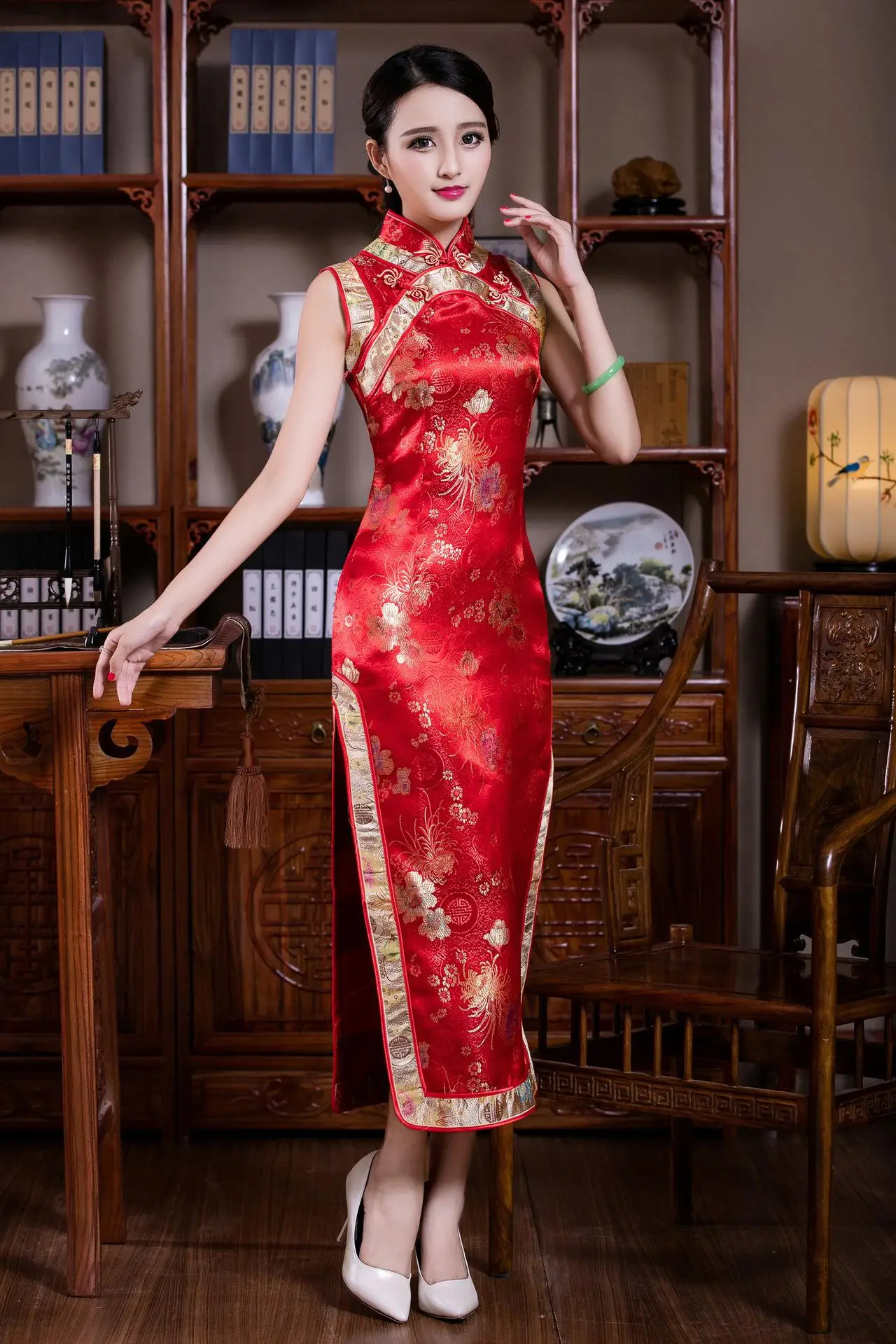 Новинка, цветочный принт, Женский Qipao, изящный, темно-синий, Cheongsam, винтажный воротник-стойка, Vestidos, классическое тонкое длинное китайское платье - Цвет: Красный