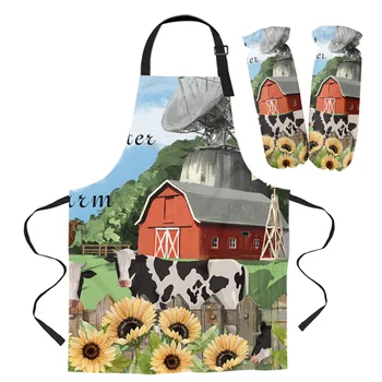 

Farm Barn Cows Sunflower Apron Kitchen Bar Restaurant Waiter Sleeveless Housework Woman Kids Aprons Cuff Oven Mitts