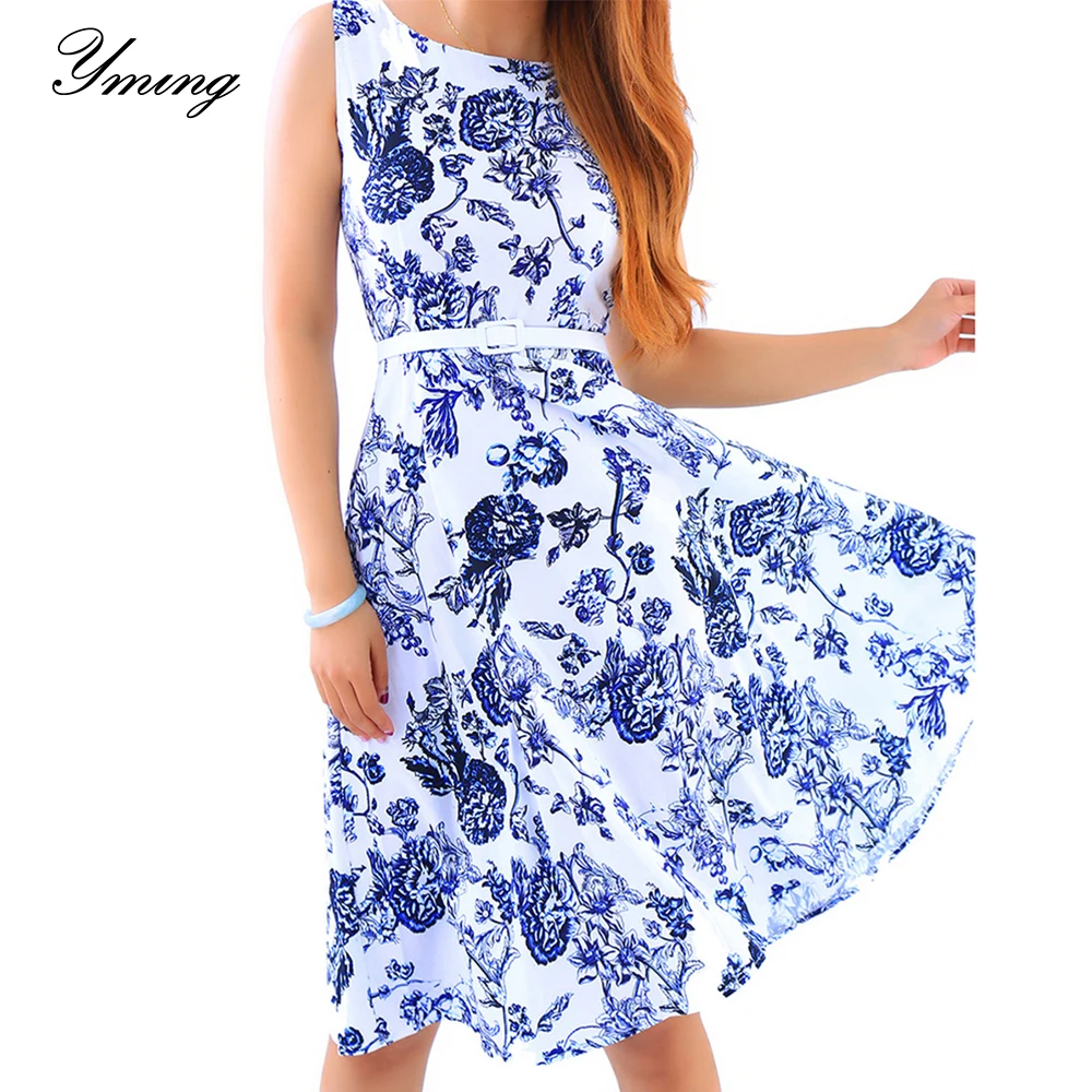 

YMING Summer Women Boho Dress Floral Print Swing Dresses A Line Beach Sundress with Belt Sleeveless Vestidos Party Casual Dress