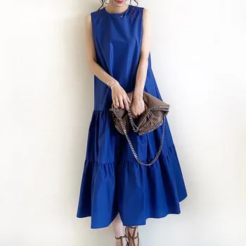 

loose blue sleeveless women dress summer janpanese style 2020 fashion pleated long maxi dresses a line casual pullover office