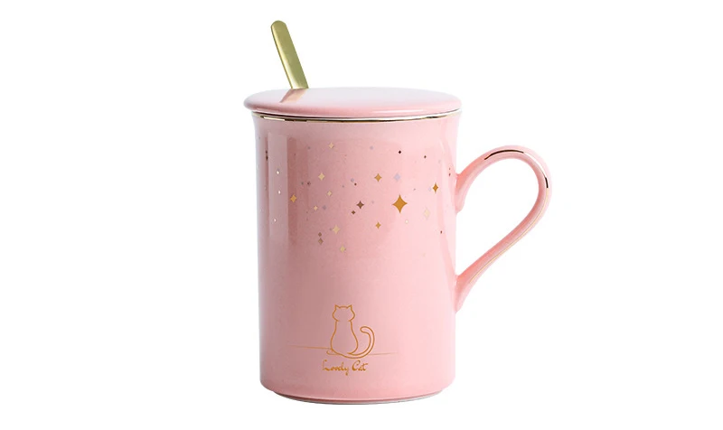 Кошка звездное небо керамическая кружка с ложкой крышкой, винтажная фарфоровая кружка, цветочный чайный сервиз кофейная чашка, водная посуда для напитков молока кофе подарок - Цвет: 05
