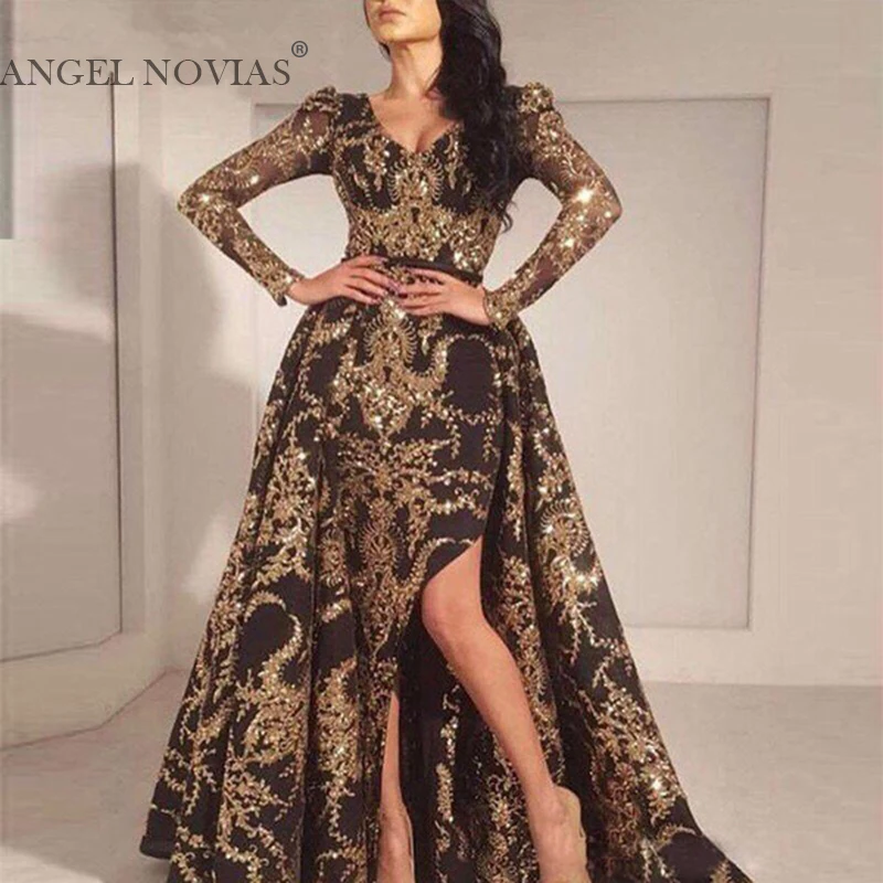 Роскошное черное Золотое блестящее вечернее платье русалки с длинными рукавами, Саудовская Аравия, Дубай, марокканские Сексуальные вечерние платья для выпускного вечера