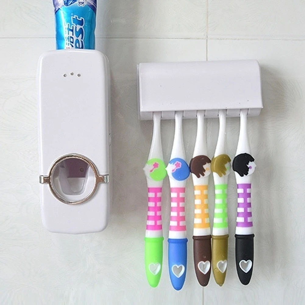 

Auto Automatic Toothpaste Toothpaste Holders Toothbrush Dispenser+ 5 Toothbrush Holder Set Wall Mount Stand Holder