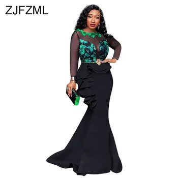 

Sexy See Through Floral Party Dress Women Long Sleeve Ruffle Elegant Trumpet Dress Mesh Splice Empire Sheath Plus Size Dress