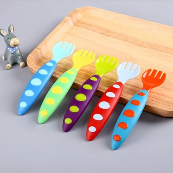 

Baby cartoon PP double color spoon Baby training spoon fork set portable baby food supplement tableware