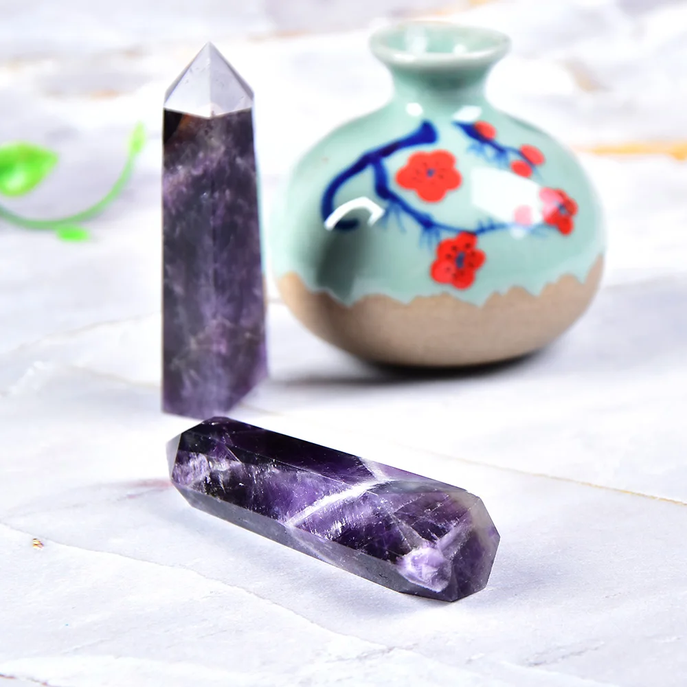 1PC Natural Crystal Fantasy Amethyst Hexagonal Column Point Mineral Ornament Magic Repair Home Decoration Decoration