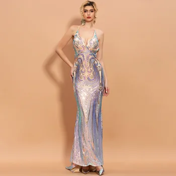 

Elegant Party Dress Fashion Bodycon V-Neck Night Club Shining Banquet Evening Party Dress Long Dresses