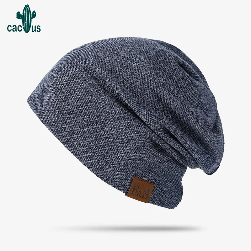 

Winter Hat for Men Solid Thickened Knit Hats Leather label Beanies Warm Hat Soft Double-layer plush wool Ski Cap