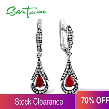 

SANTUZZA Silver Earrings For Women 925 Sterling Silver Dangle Earrings Long Silver 925 with Red Cubic Zirconia brincos Jewelry