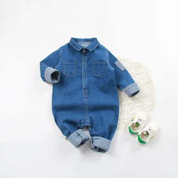

Baby Romper Spring and Autumn New Style Long Sleeve Crawling Clothes Shoulder Emblem Large Pocket Denim One-Piece Casual Suit